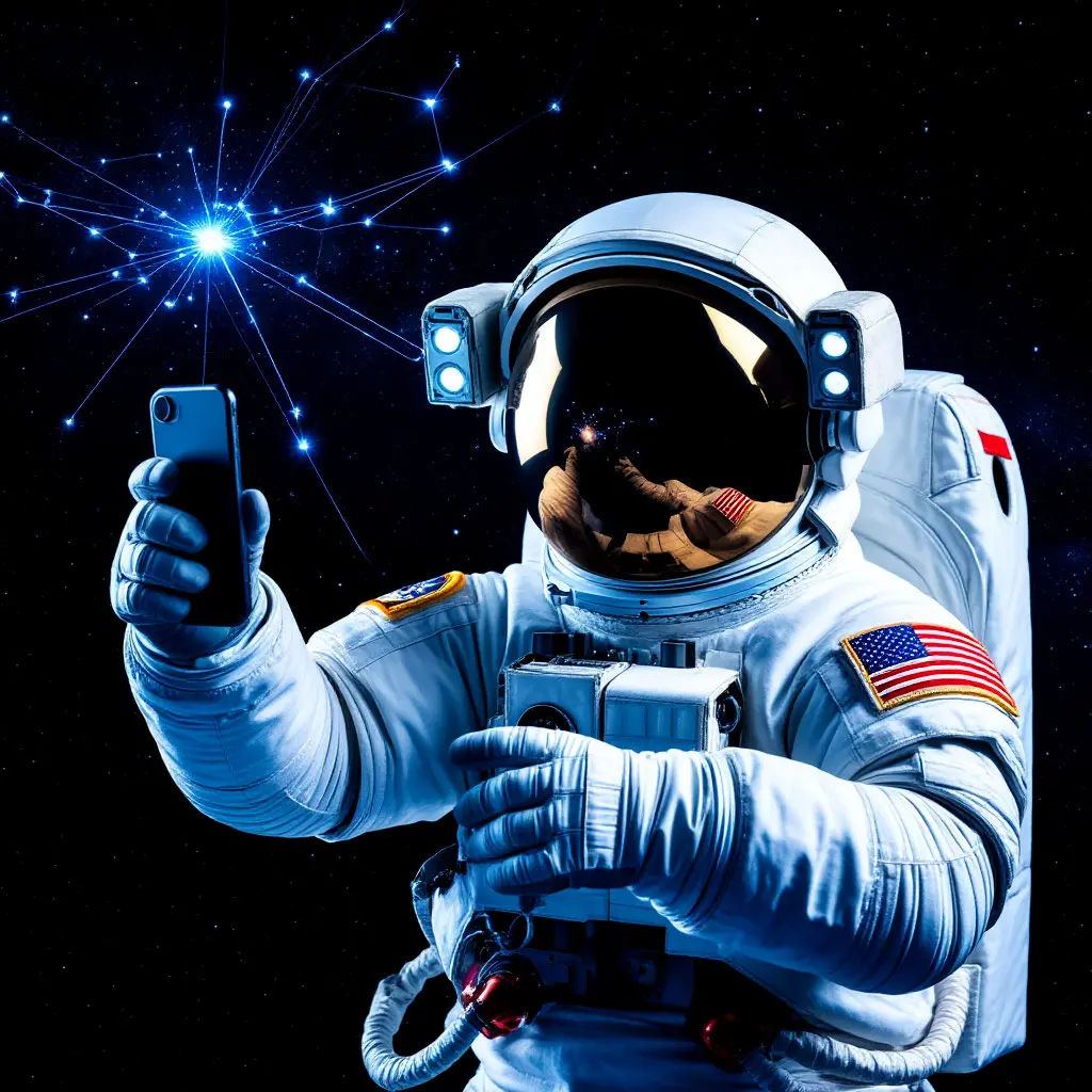 Astronaut with phone scanning stars