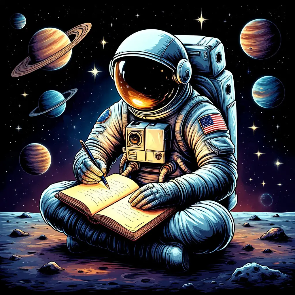 Astronaut writing cosmic log
